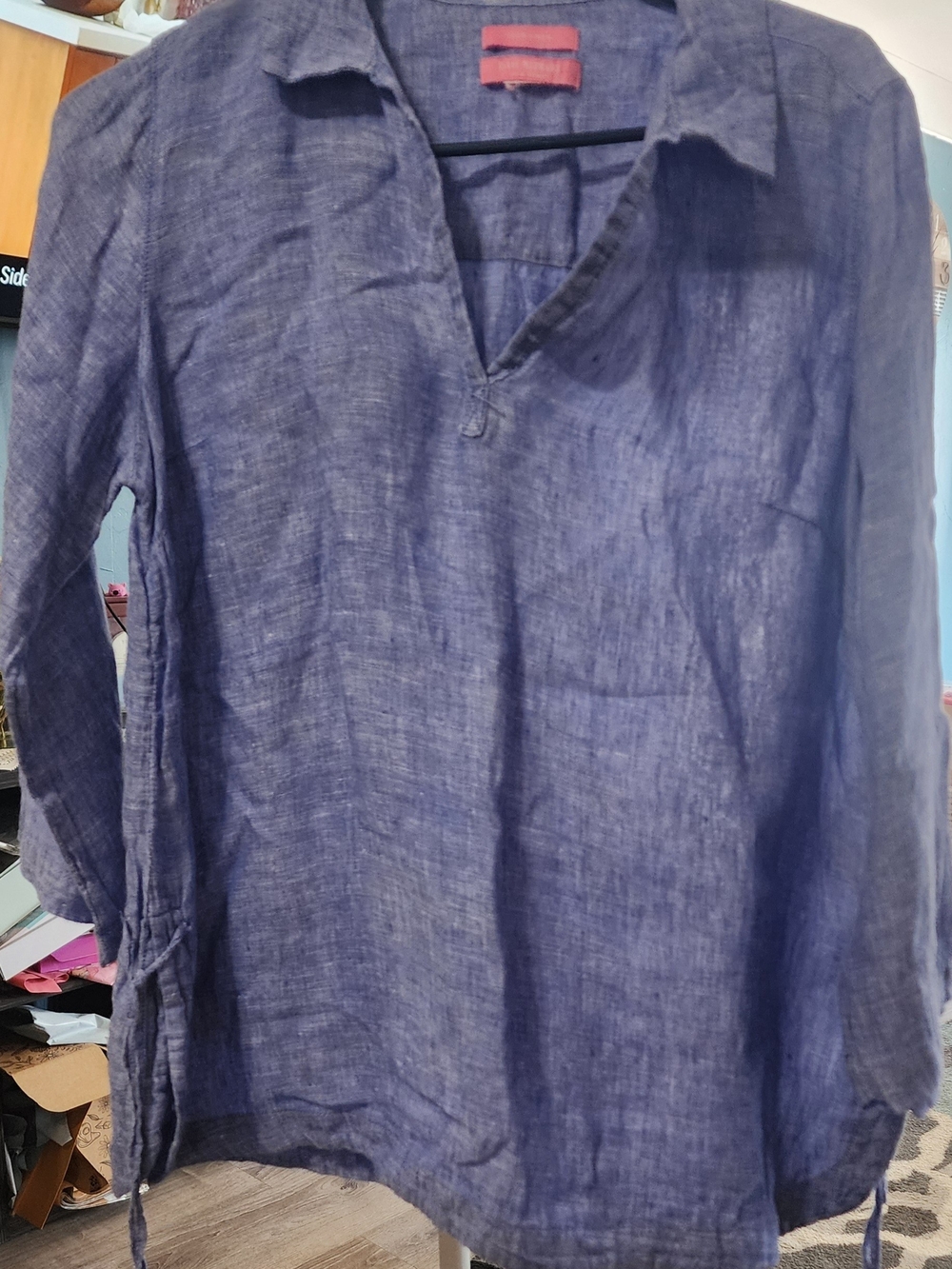 Isaac Mizrahi Navy Blue Linen Button-Down Casual Shirt Sz M/L?